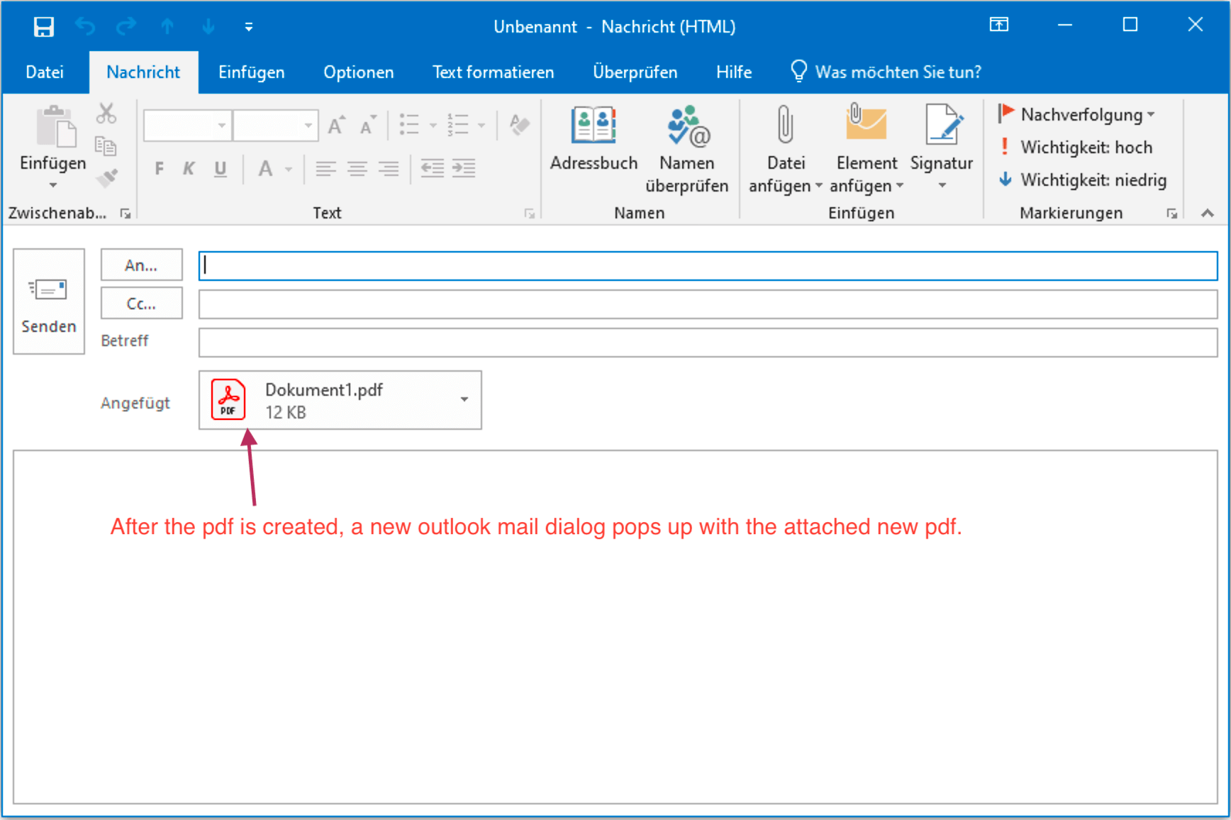 An Outlook e-mail with PDF file attached to the mail