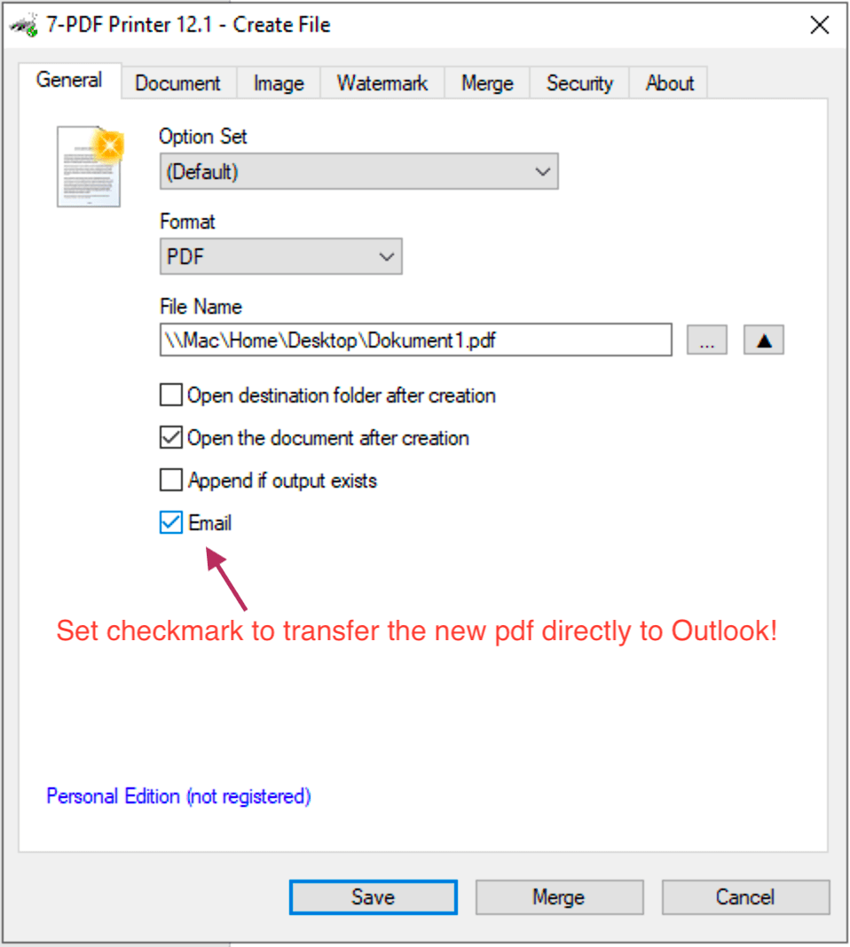 Print dialog of 7-PDF Printer shows checkmark set by user at setting E-mail