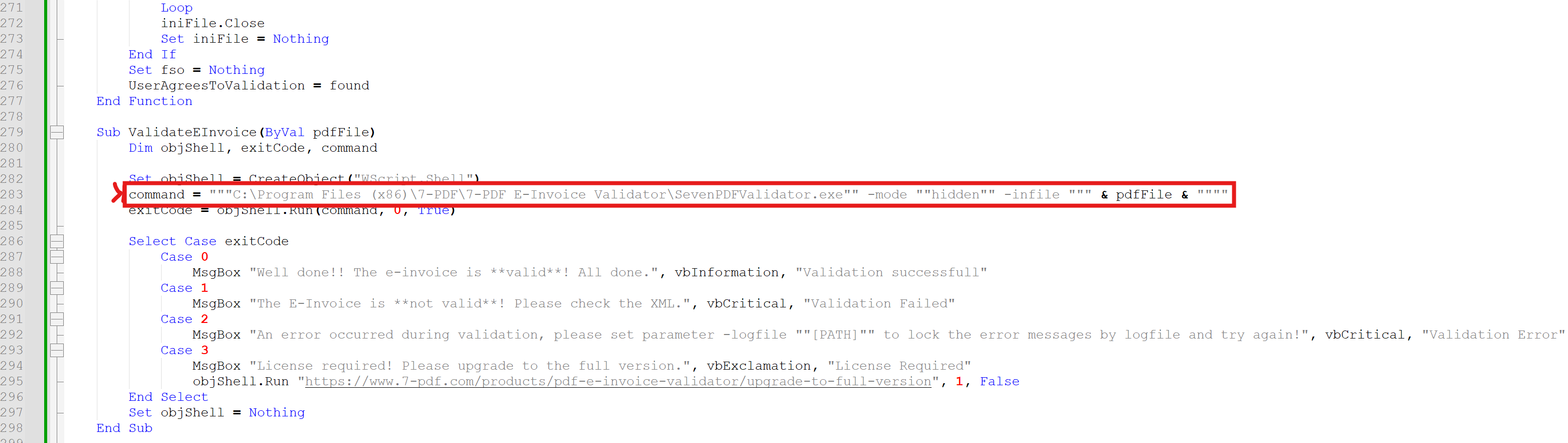 ZUGFeRD.vbs macro must be placed in the Macros folder of the 7-PDF Printer
