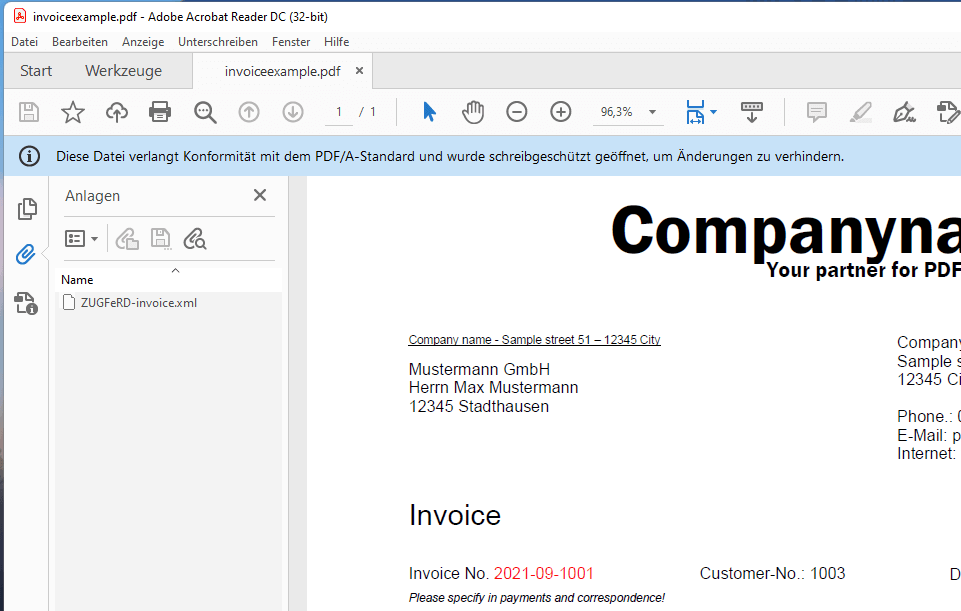 ZUGFeRD compliant PDF invoice in Acrobat Reader