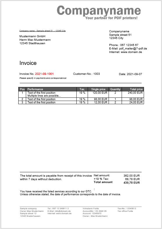 Example invoice with invoice number marked in red