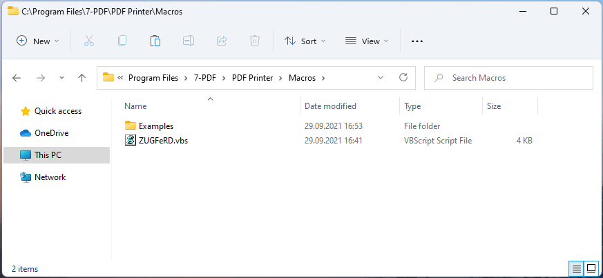 ZUGFeRD.vbs macro must be placed in the macros folder of the 7-PDF Printer
