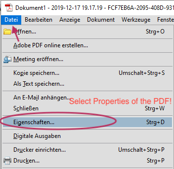 File-> Properties menu Acrobat Reader