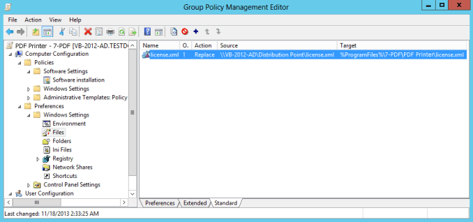 Group Policy Object distributing the license of 7-PDF Printer