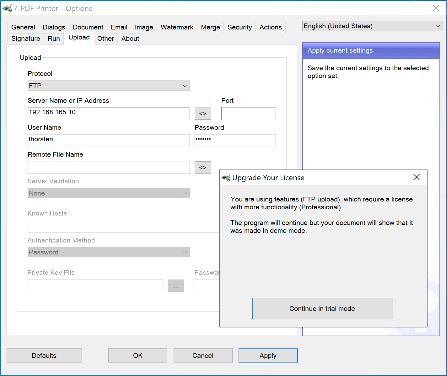 Tab UPLOAD in the options dialog of the printer