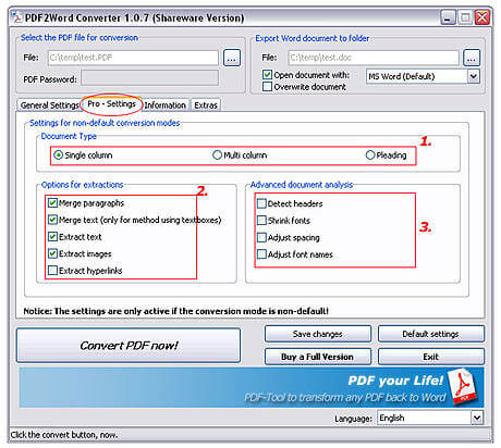 PDF2Word Professional Settings