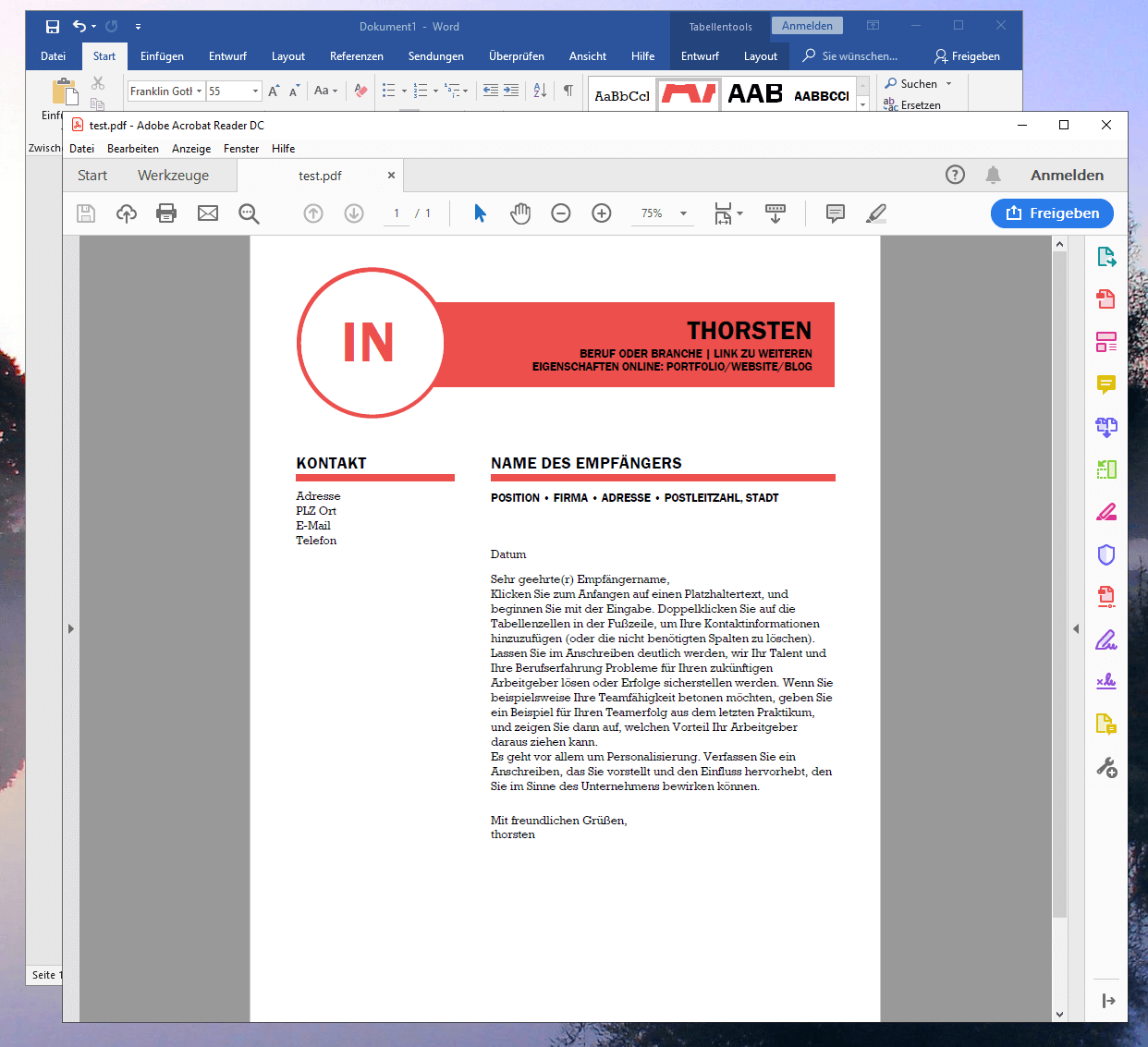 After converting Word into a PDF, the Acrobat Reader with the generated PDF will automatically be opened!